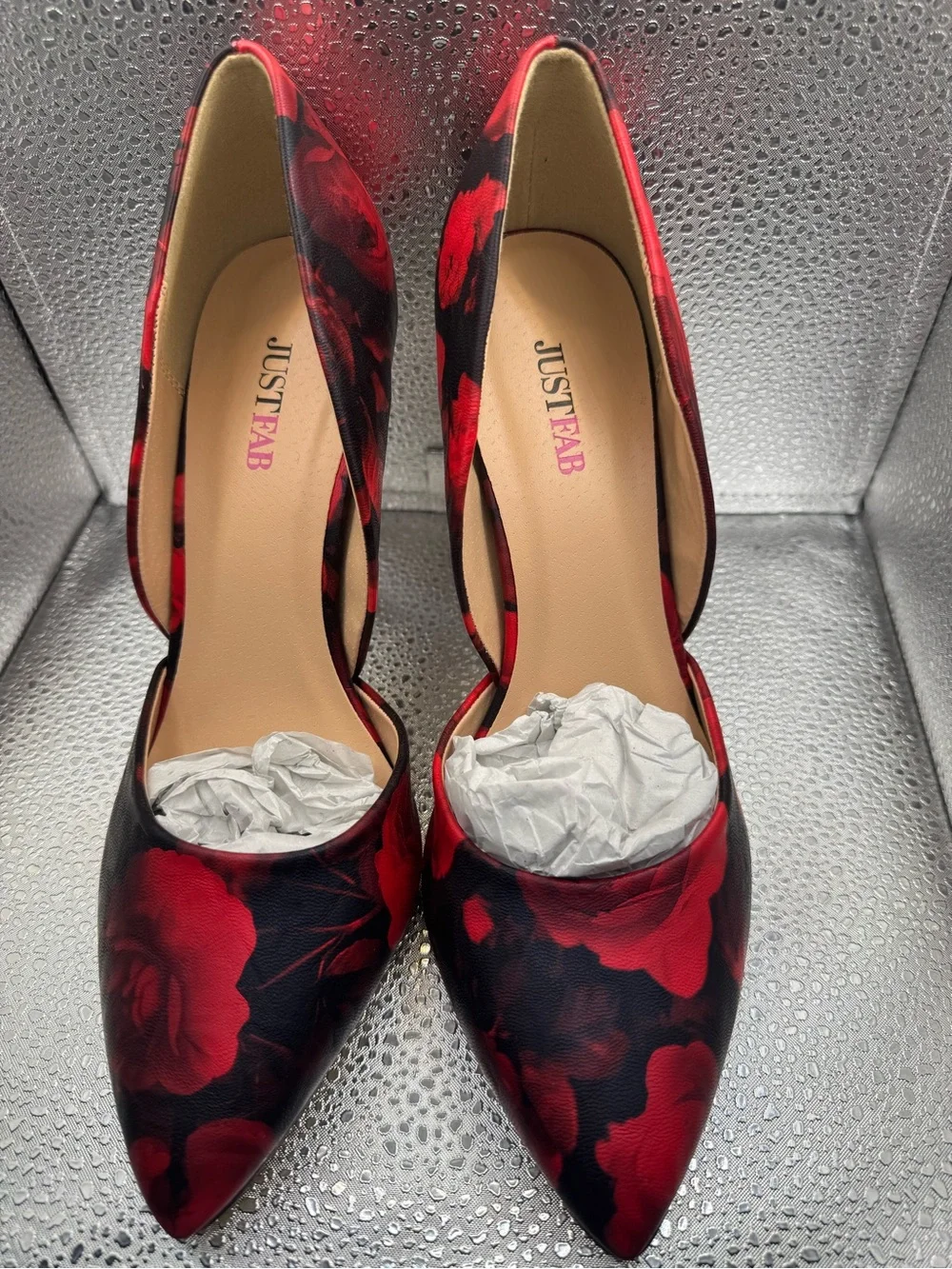 JustFab Black and Red Floral Pointed-Toe D'Orsay Pumps